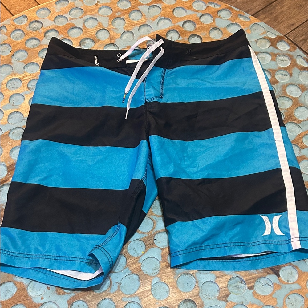 Hurley Aqua and Black Striped Swim Shorts